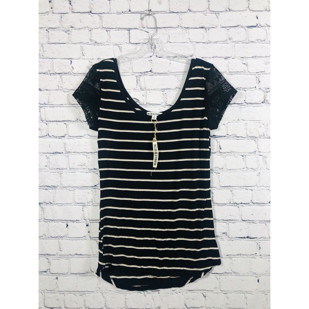 Moral Fiber Women's Striped Top Lace Cap Sleeve Scoop Neck Black White Size L